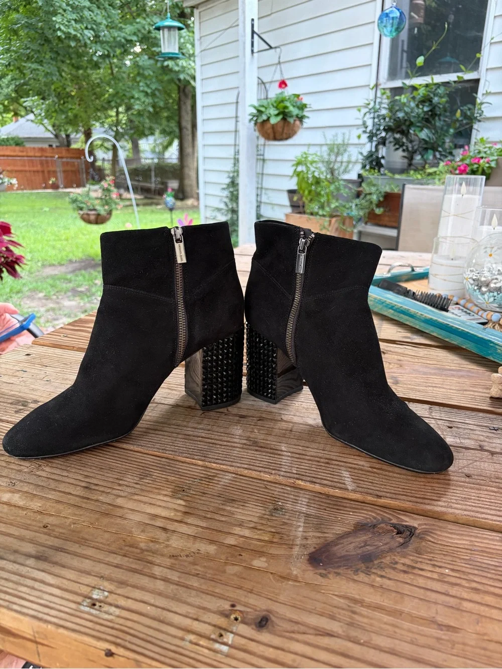 Michael Kors Black Suede Ankle Boots with Studded Block Heel
